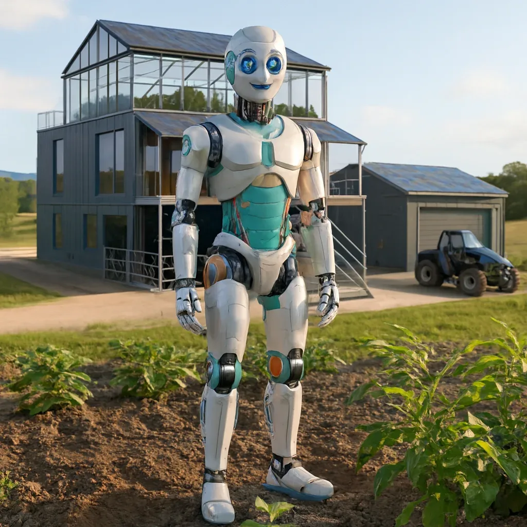 Görselde, beyaz-açık mavi gövde panelleri ve turkuaz/amber detaylara sahip insansı bir robot iki ayak üzerinde, sürülmüş toprakta yetişen yeşil bitkilerin arasında duruyor. Robotun arkasında geniş cam yüzeyli, metal kaplamalı iki-üç katlı modern bir yapı ve sağda bej renkli bir garaj/hangar benzeri bina yer alıyor. Sağ tarafta dört tekerlekli, kabinli küçük bir tarım aracı park hâlinde. Ortam gündüz, açık hava, gökyüzü açık ve zemin toprak ile çim karışımı; görüntü dijital üretim izlenimi veriyor.